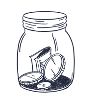 Blyantstegnet illustration af en krukke med penge i. 