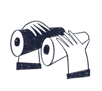 Blyantstegnet illustration af hænder, der holder en kikkert med øjne.