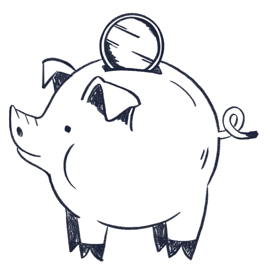 Blyantstegnet illustration af en sparegris med en mønt i.