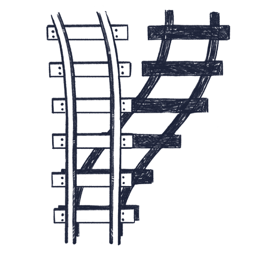 Blyantstegnet illustration af togskinner med en skygge.