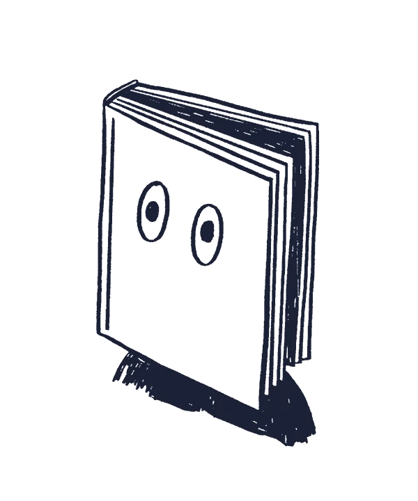 Blyantstegnet animation. Bog med bevægende øjne på omslaget.