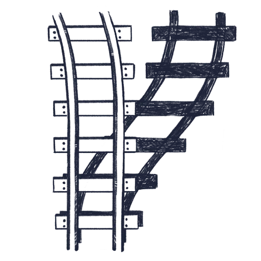 Blyantstegnet illustration af togskinner med en skygge.