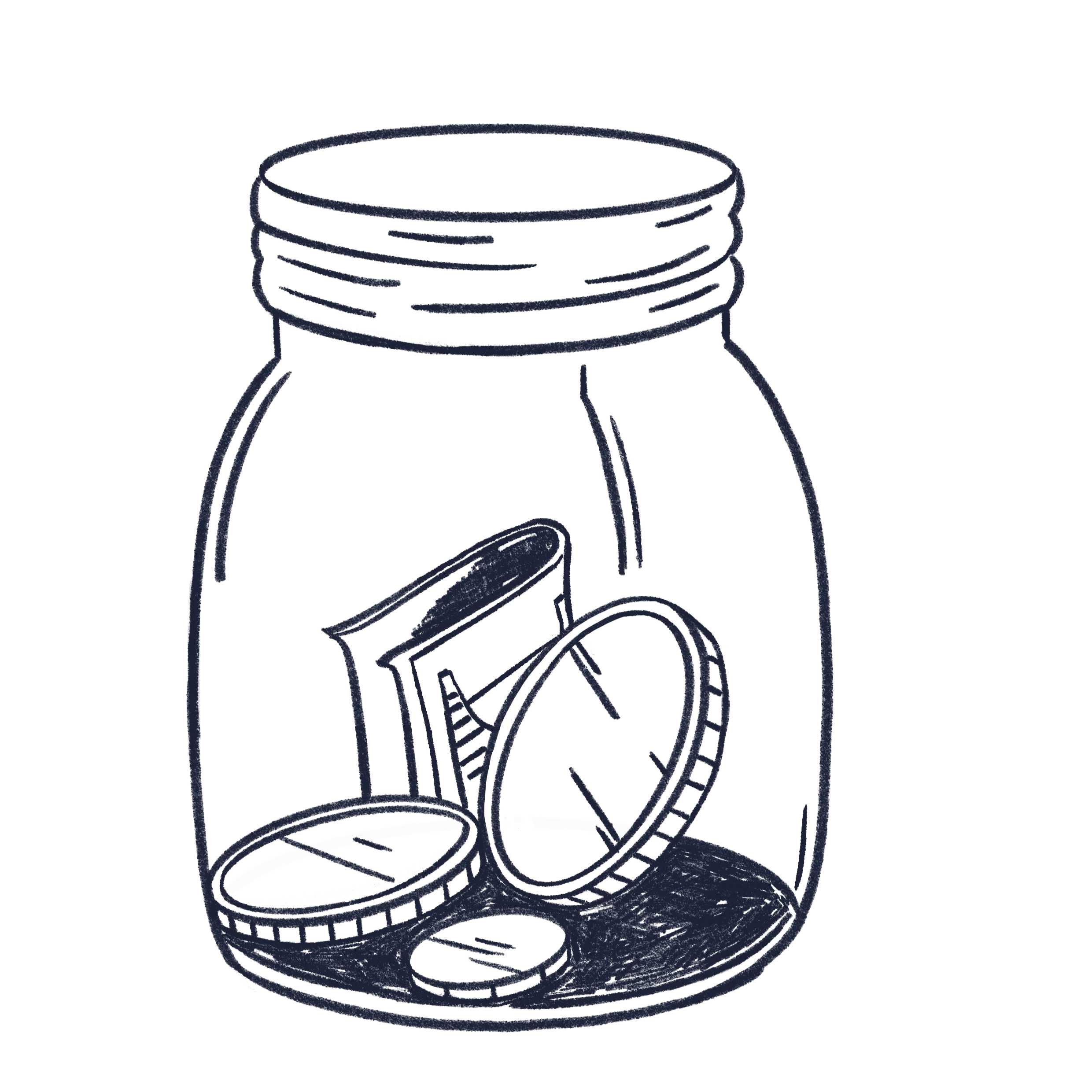 Blyantstegnet illustration af en krukke med penge i.